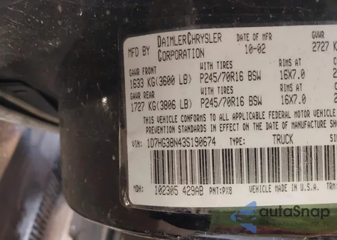 2003 Dodge Dakota Sport/Sxt из США, поврежденный, VIN 1D7HG38N43S190674